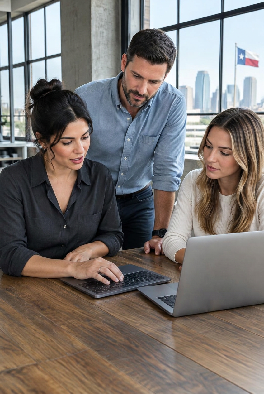Business team working together at a computer on a paper-free desk